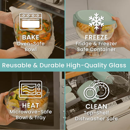 Bentgo Glass Prints Salad Container - 7.6-Cup Tinted Glass Salad Bowl with Airtight Lid, Leak-Proof Sauce Container, 4-Compartment Bento Meal Prep Tray & Reusable Fork (Floral Maximalist - Sea)