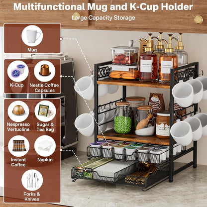 Plaviya Coffee Bar Station Organizer, 4 Tier K Cup Organizer Mug Holder with 12 Hooks, Coffee Pod Holder, Multifunctional Countertop Organizer for Kitchen