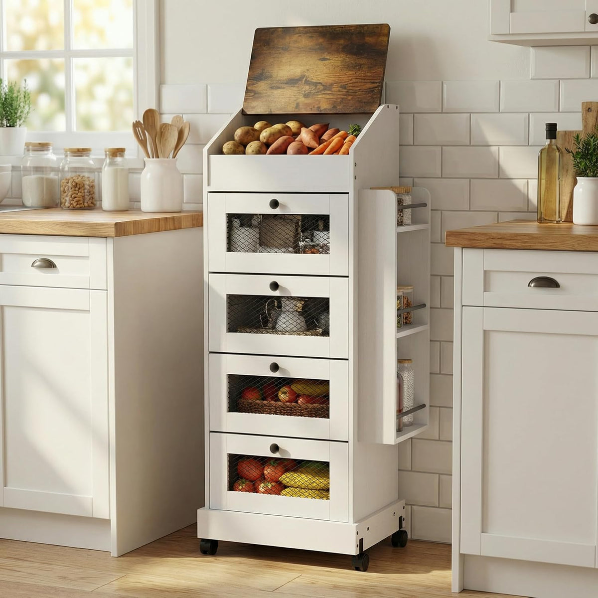 ARTETHYS Potato and Onion Storage Bin for Pantry 5-Tier Rolling Fruit and Vegetable Organizer with Spice Rack on Wheels Movable Large Bread Box Cabinet with 4 Ventilated Drawers for Kitchen, Rustic