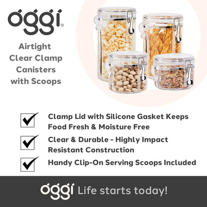 Oggi Clear Canister Set with Clamp Lids & Spoons - Airtight Food Storage Containers, Ideal for Kitchen & Pantry Storage of Bulk, Dry Food Including Flour, Sugar, Coffee, Rice, Tea, Spices & Herbs