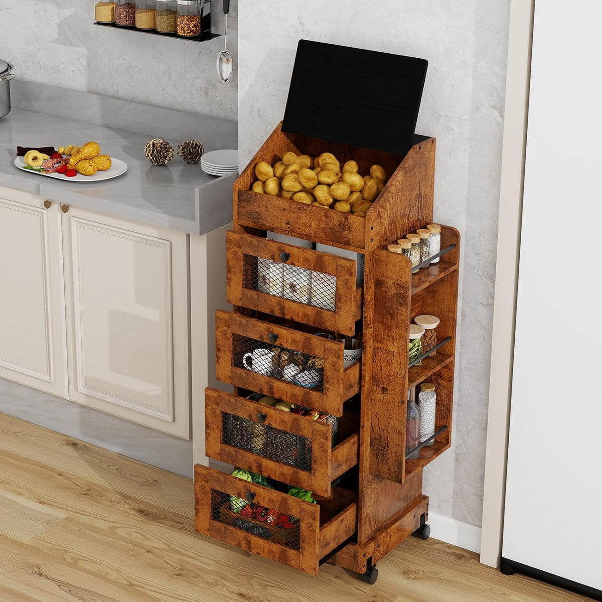 ARTETHYS Potato and Onion Storage Bin for Pantry 5-Tier Rolling Fruit and Vegetable Organizer with Spice Rack on Wheels Movable Large Bread Box Cabinet with 4 Ventilated Drawers for Kitchen, Rustic