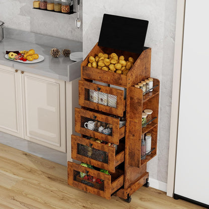 ARTETHYS Potato and Onion Storage Bin for Pantry 5-Tier Rolling Fruit and Vegetable Organizer with Spice Rack on Wheels Movable Large Bread Box Cabinet with 4 Ventilated Drawers for Kitchen, Rustic