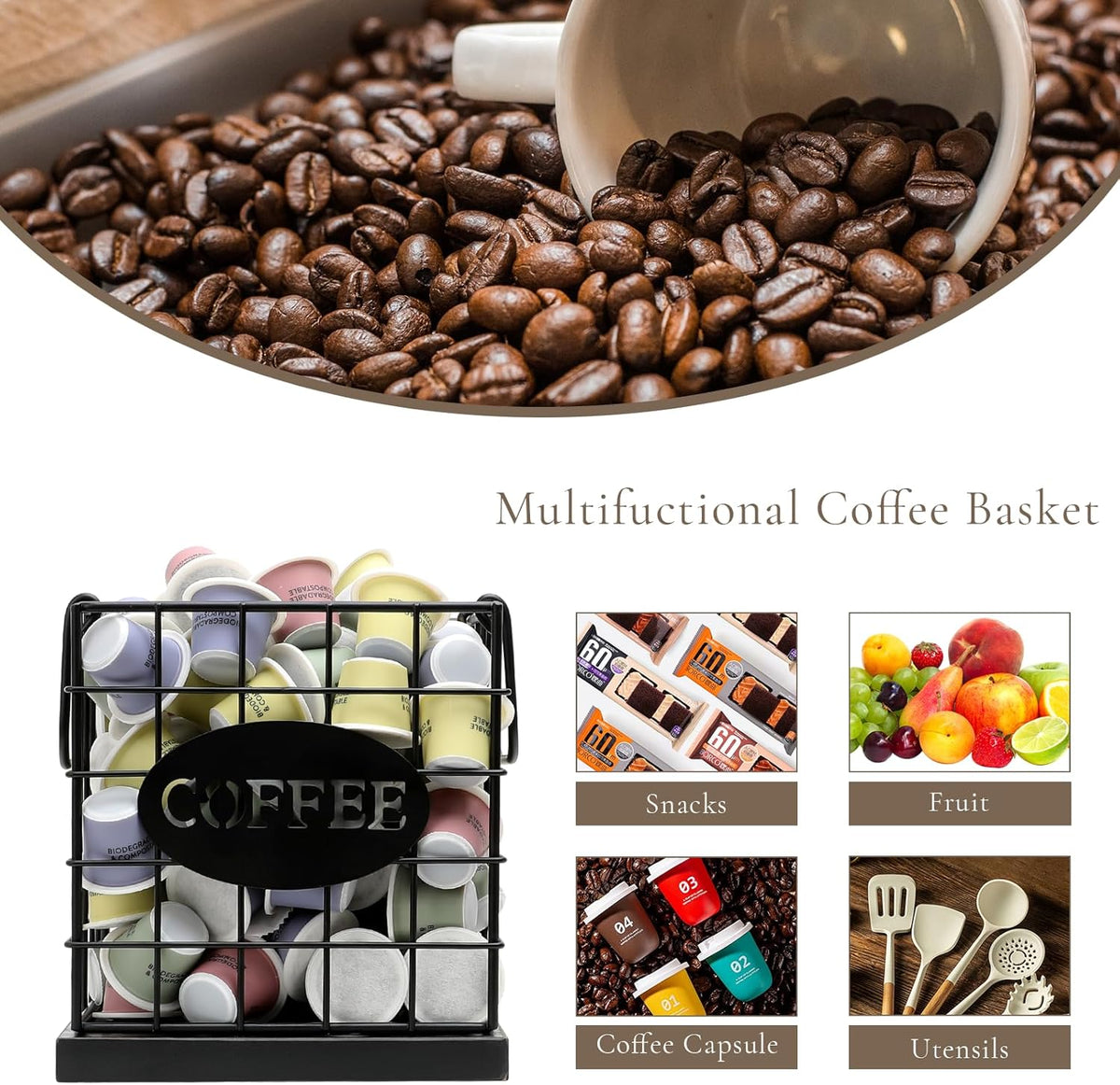 Coffee Pod Holder Organizer,Large Capacity K Cup Holder Organizer, Storage Basket for Kitchen Countertop Office Coffee Bar with Wooden Base(Rustic Brown-Square)