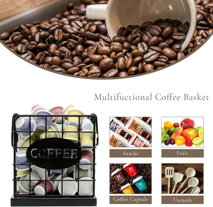 Coffee Pod Holder Organizer,Large Capacity K Cup Holder Organizer, Storage Basket for Kitchen Countertop Office Coffee Bar with Wooden Base(Rustic Brown-Square)