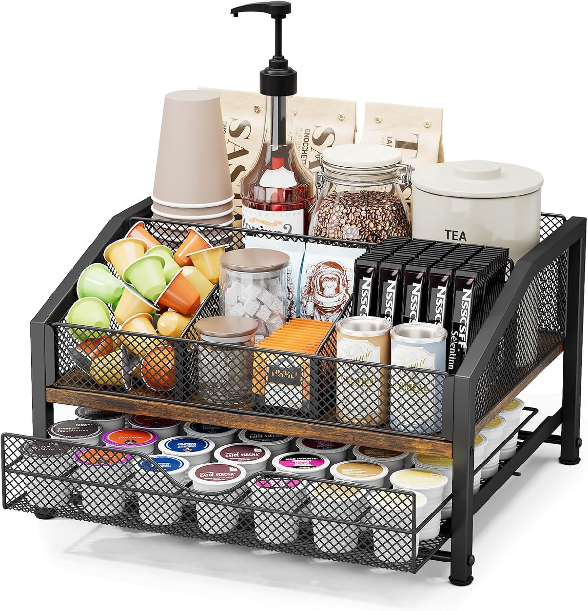 Homsorout Coffee Bar Organizer - Coffee Station for Countertop, Metal and Wood K Cup holder Storage Basket for Coffee Pods, Syrup, Cups, Stirrer, Coffee Condiment, Tea Organizer, Black and Brown