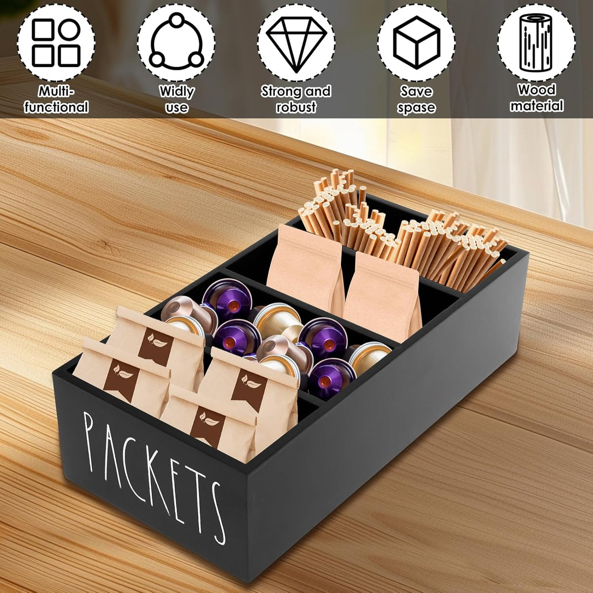 Wooden Seasoning Packet Organizer with 4 Compartments,10.63×5.51×3.15 inch Food Packet Storage Organizer Spice Holder with Dividers, Seasoning Storage Bins for Kitchen Pantry Cabinet Countertop(Black)