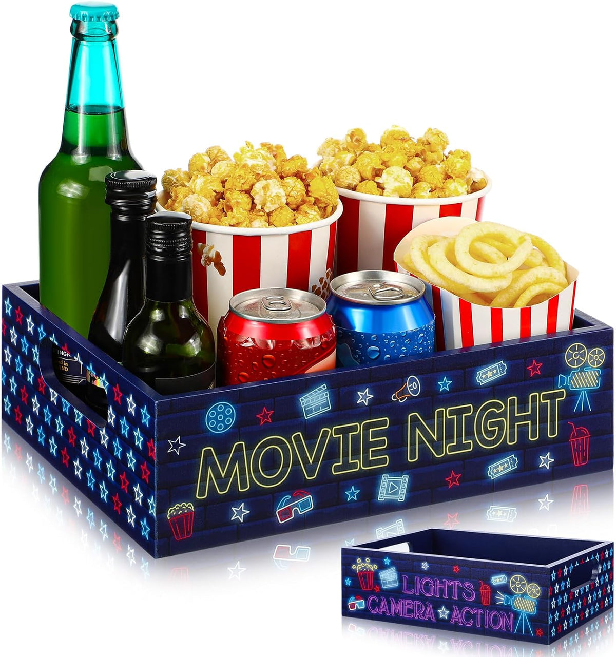Movie Night Supplies Snack Trays with Handles Reusable Wooden Movie Gift Basket for Theater Popcorn Bucket Bowl Box Container Family Room Decor(Classic Style)
