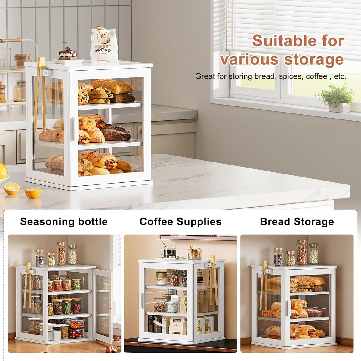 WOWLIVE Black Bread Box for Kitchen Countertop, Large 3 Layers Bread Storage Container for Homemade Bread with Window, Farmhouse Breadbox Organizer for Kitchen, Cabinet, Pantry (Black, Meduim)