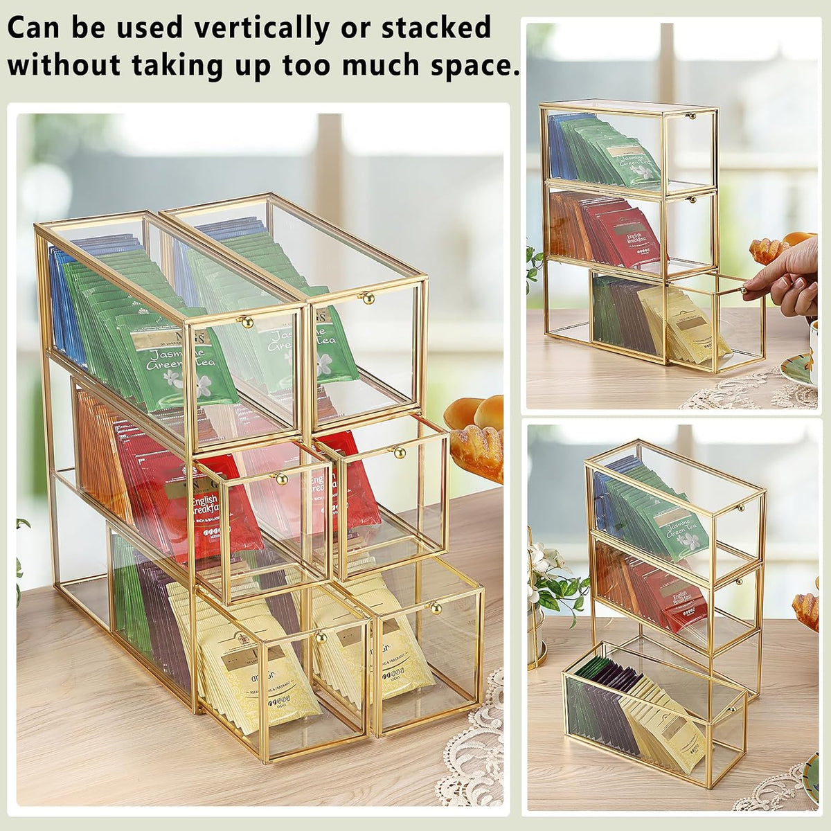 ELLDOO Tea Bag Organizer with 3 Drawers, Gold Glass Tea Bag Storage Holder for Kitchen Pantry, Coffee Pod Snack Storage for Countertop Cabinet, Multi-Functional Home Organizer