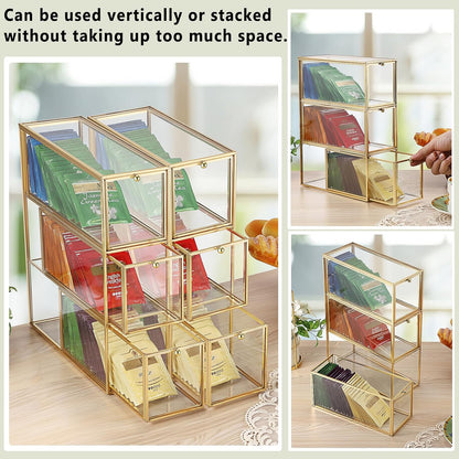 ELLDOO Tea Bag Organizer with 3 Drawers, Gold Glass Tea Bag Storage Holder for Kitchen Pantry, Coffee Pod Snack Storage for Countertop Cabinet, Multi-Functional Home Organizer