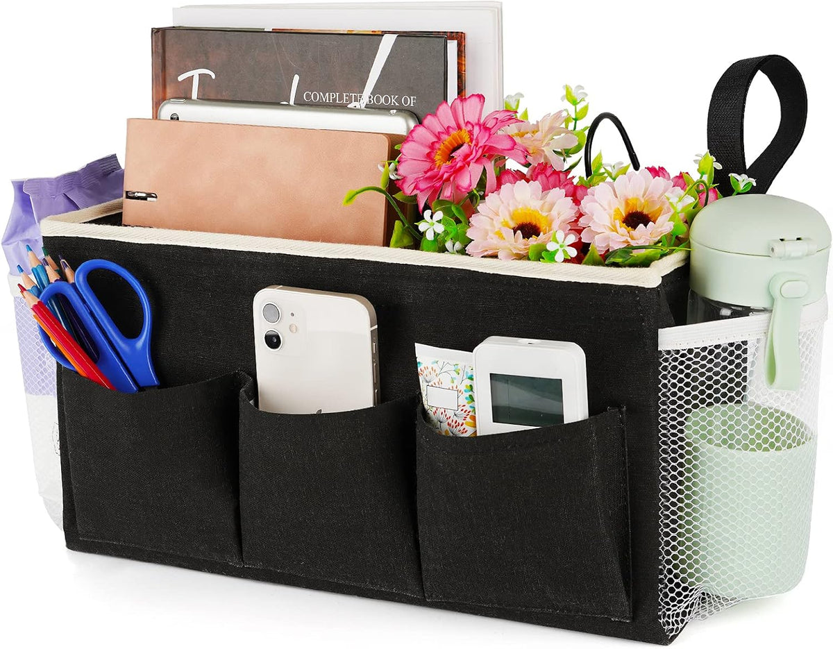 Lilithye Bedside Caddy Storage Organizer with Fixed Straps and Water Bottle Holder for Home, College, Dorm, Bunk/Hospital/Crib Bed Rails, White