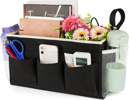 Lilithye Bedside Caddy Storage Organizer with Fixed Straps and Water Bottle Holder for Home, College, Dorm, Bunk/Hospital/Crib Bed Rails, White