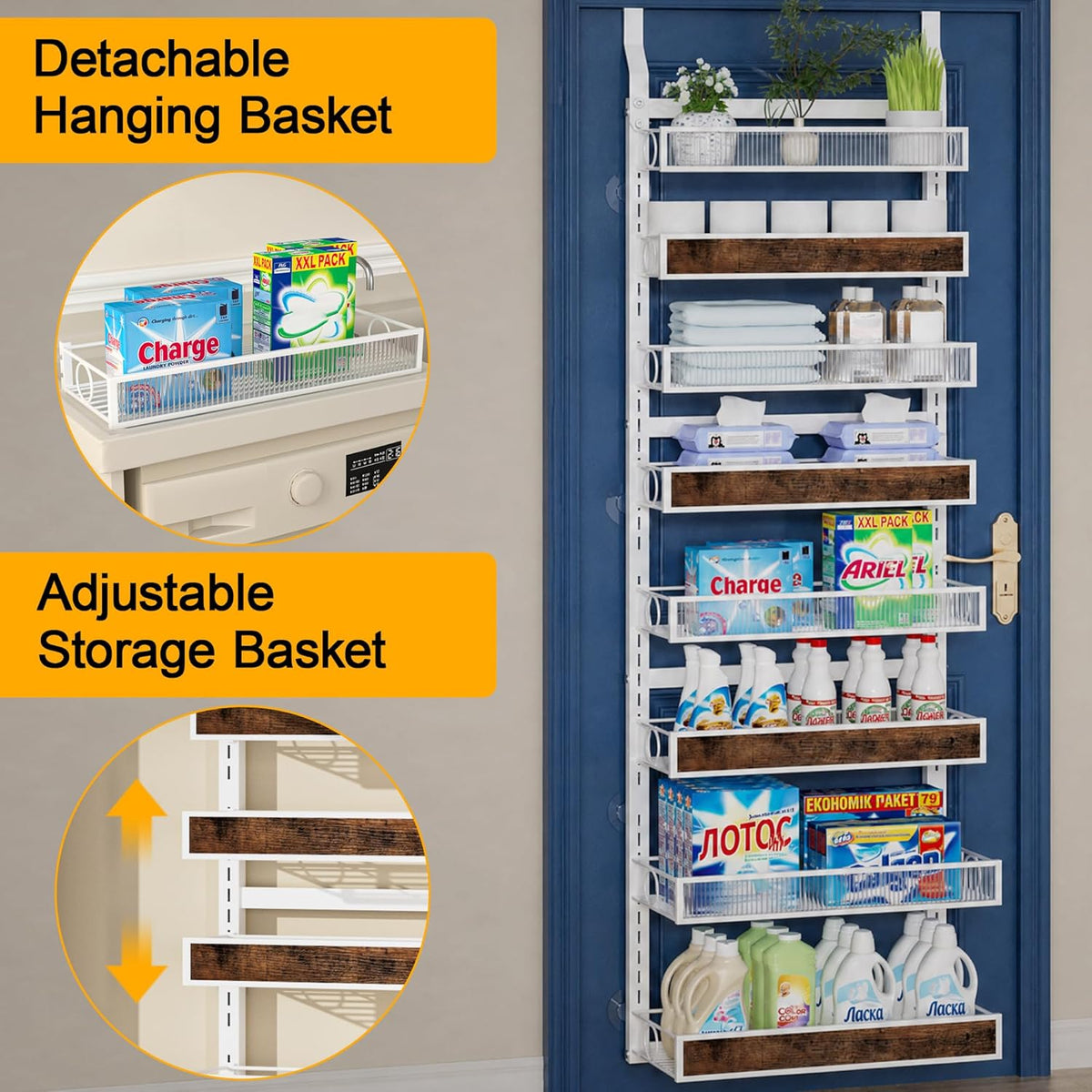 8 Tier Pantry Door Organizer Spice Rack, 2-IN-1 Wall Mount or Hanging Over Door Seasoning Organizer with Adjustable Baskets, Heavy Duty Behind Door Storage Shelves for Pantry, Cabinet and Kitchen