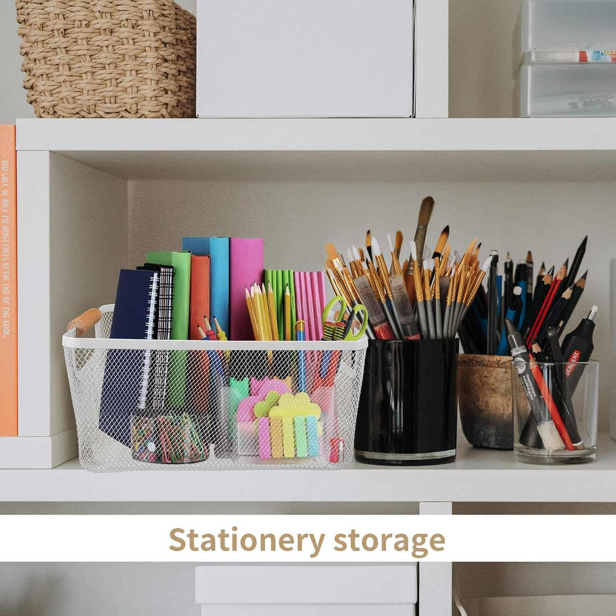 2 Pack 12" Wide Metal Mesh Baskets with Bamboo Handles for Pantry Organization | Wire Storage Bins for Kitchen, Cabinet, Fruit & Snacks | Decorative Farmhouse Style Organizer