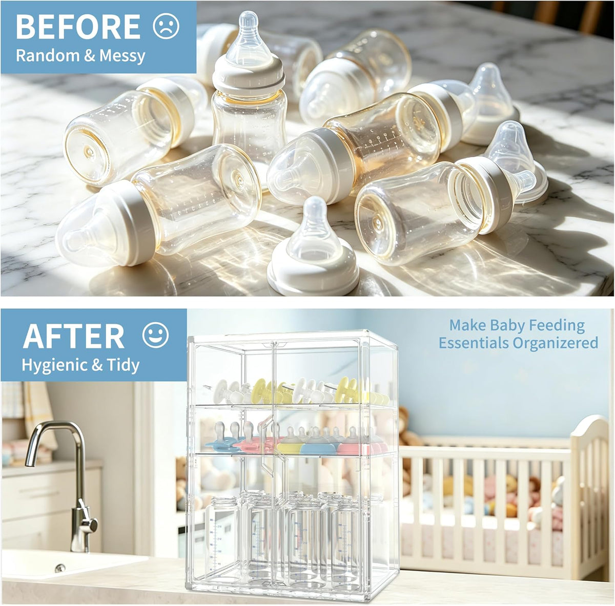 Baby Bottle Organizer, 3 Tiers Adjustable Bottle Storage Container for Countertop, Acrylic Bottle Station with 2 Removable Dividers and Double Magnetic Doors, Suitable for Kitchen Bathroom Vanity
