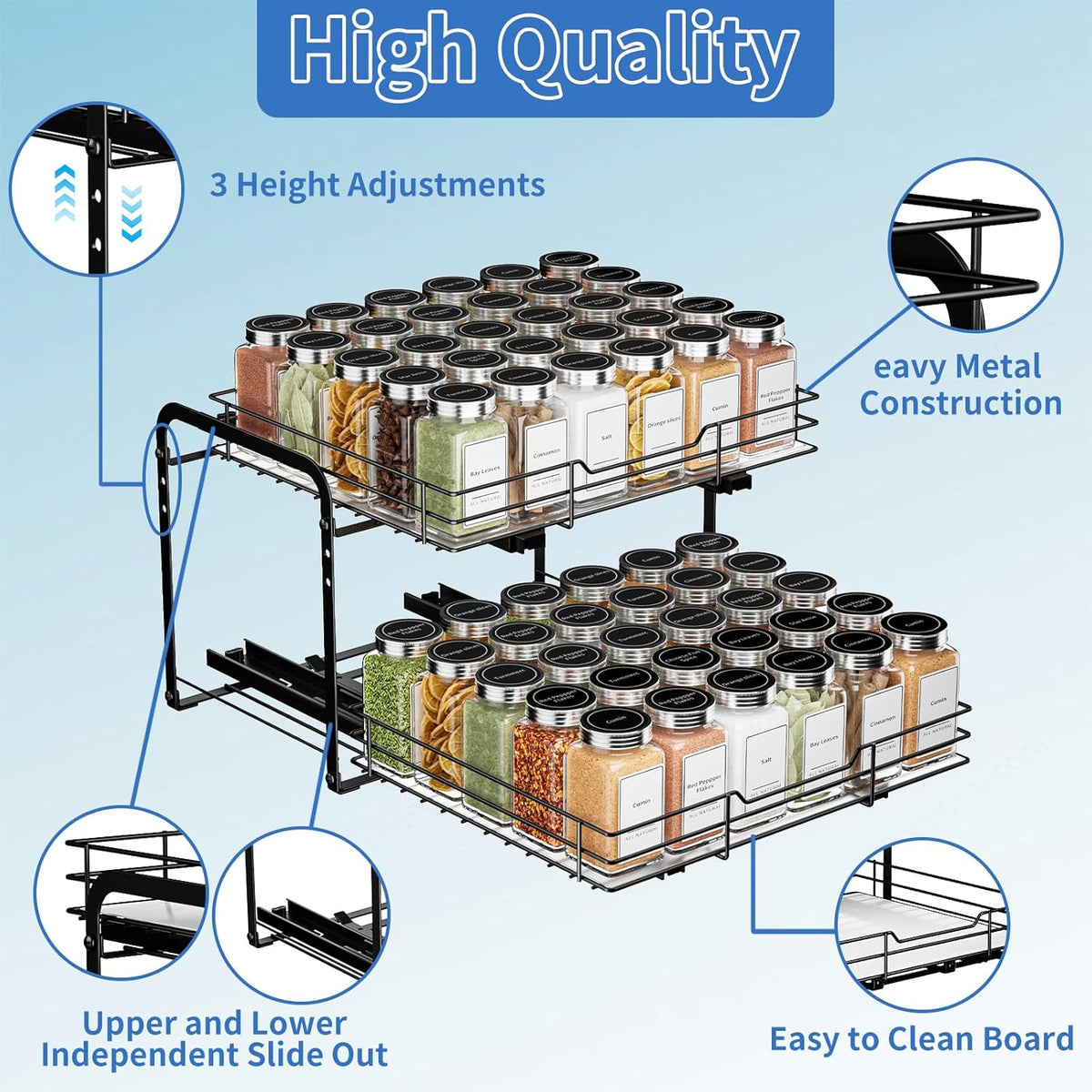 BOIVSHI 2-Tier Spice Rack, Pull Out Cabinet Organizer Spice Racks Height Adjustable Heavy Duty Metal Basket for Inside Cabinets & Pantry Closet(9.5''Wx10.5''Dx9.5''H)