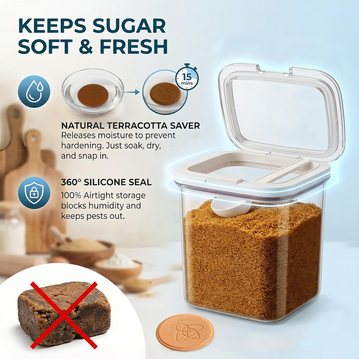 Brown Sugar Container Airtight, 2QT/1.9L Brown Sugar Keeper Storage with Spoon and Terracotta Saver, Canister for Powdered Sugar, Stackable One-Touch Opening Household Saver Organization