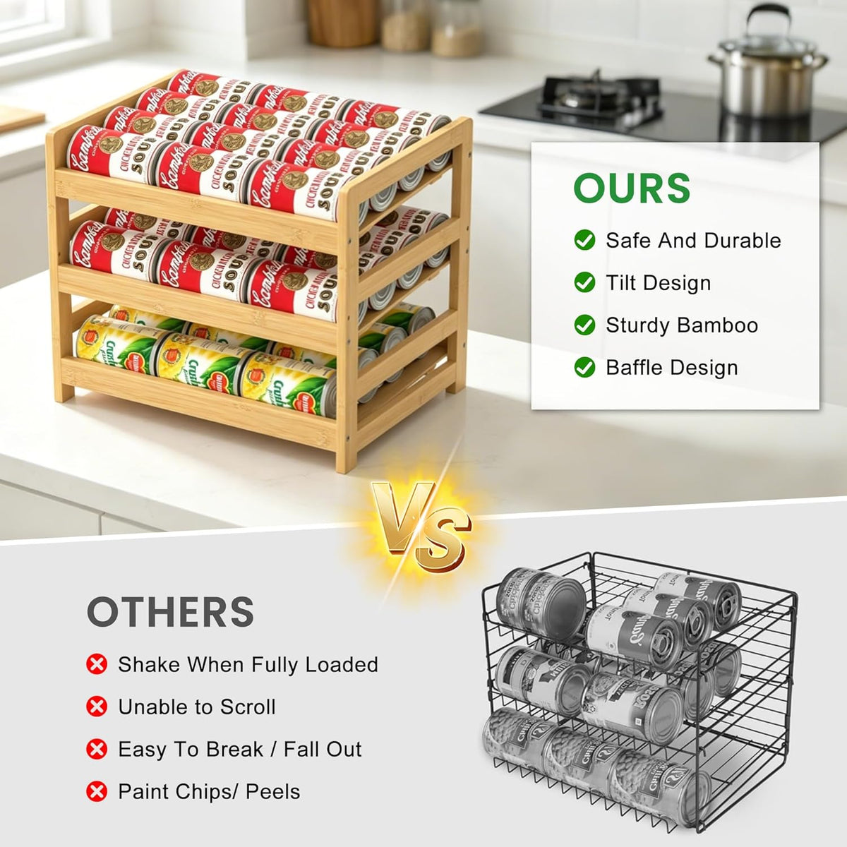 Bamboo Rolling Can Organizer for Pantry, Stackable 3 Tier Canned Food Storage Rack for Kitchen Can Storage Organizer Set with Can Opener & Hooks for Cabinet & Countertop, Holds up to 36 Cans