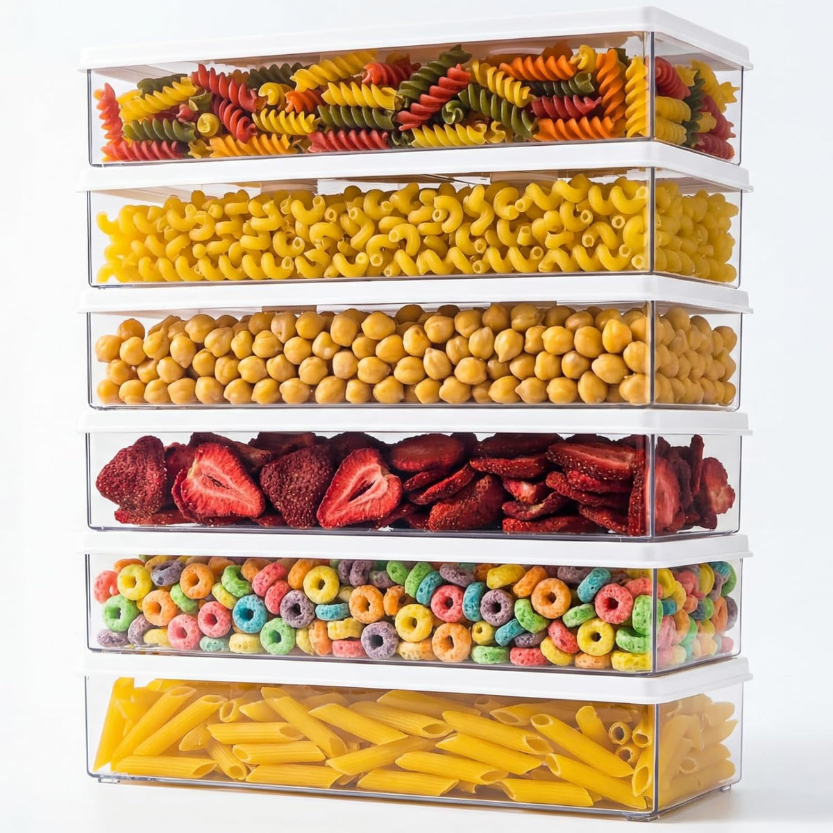 ZENFUN 6 Pc Pasta Containers with Lids for Pantry, Airtight Spaghetti Noodle Holder, Plastic Food Keeper for Fridge Kitchen Cabinet, 3" x 11" x 2", BPA-FREE