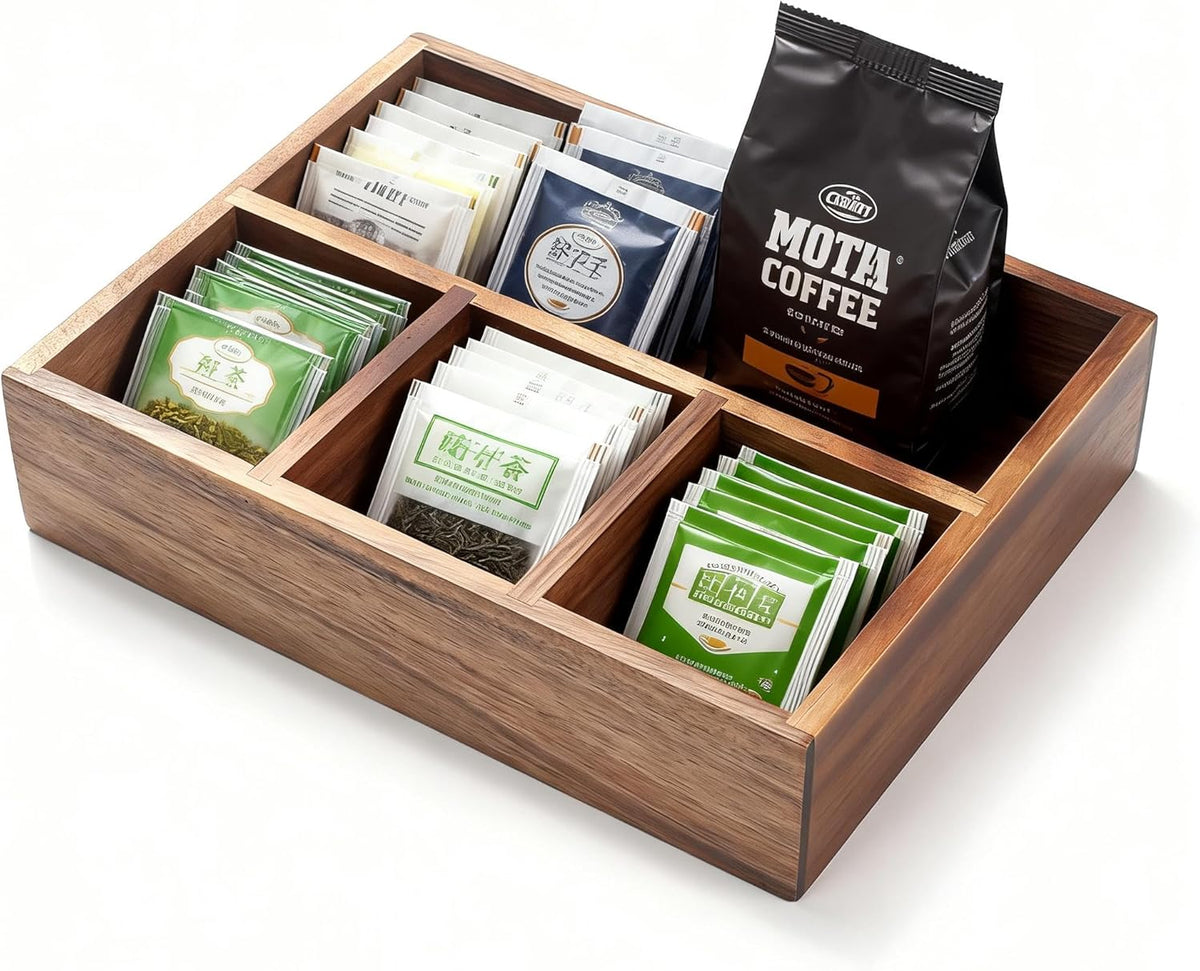 XIMISISE Tea Bag Holder, Acacia Wood Tea Bag Storage Organizer, Tea Candy Basket, Sugar Packet Organizer, Coffee Station Condiment Organizer