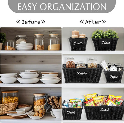 Marsui 6 Pcs Wicker Storage Baskets with Labels Handwoven Multi-size Brown Wicker Storage Bins for Organizing Small Baskets Container for Shelves Closet Pantry Toilet(Brown )