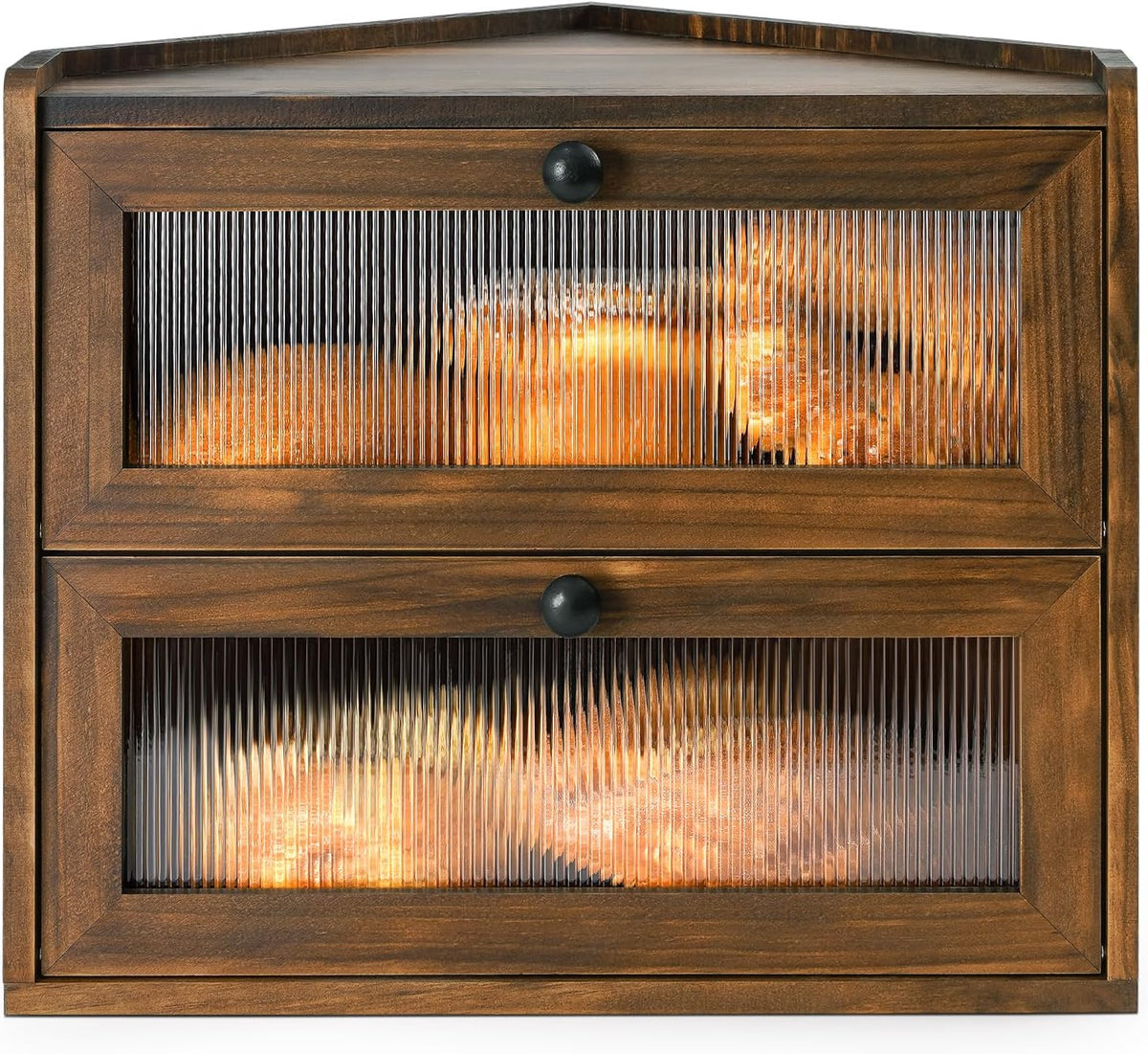 Sunhoo Bread Box for Kitchen Countertop Corner Large Wooden Bread Bin 2 Tier Rustic Food Storage Container with Acrylic Window Farmhouse Keeper Shelf Organizer for Loaves Pastries & Snacks (Brown)