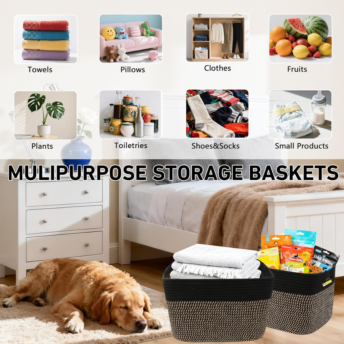 3 Pack Woven Rope Storage Baskets for Shelves,13.5"×11"×9.5" Storage Bins with Handles,Empty Gift Baskets,Nursery Organizer for Toys,Towels,Books,Closet,Living Room,Bedroom (White & Brown)
