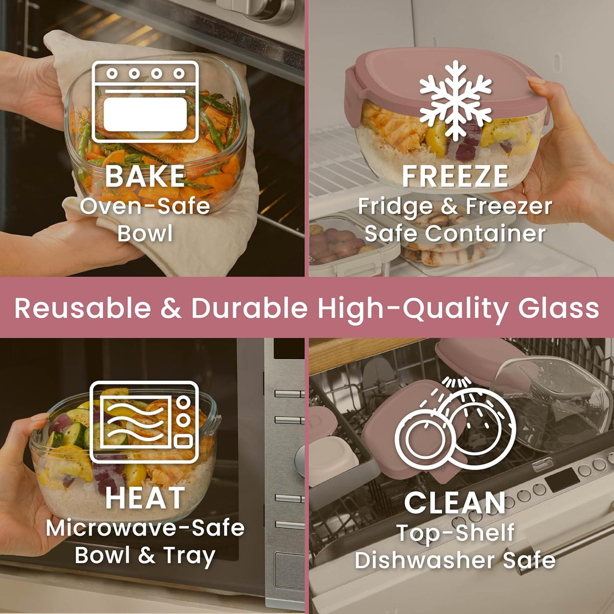 Bentgo Glass Prints Salad Container - 7.6-Cup Tinted Glass Salad Bowl with Airtight Lid, Leak-Proof Sauce Container, 4-Compartment Bento Meal Prep Tray & Reusable Fork (Floral Maximalist - Sea)