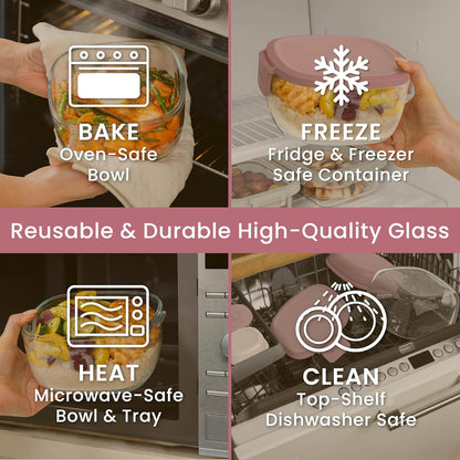 Bentgo Glass Prints Salad Container - 7.6-Cup Tinted Glass Salad Bowl with Airtight Lid, Leak-Proof Sauce Container, 4-Compartment Bento Meal Prep Tray & Reusable Fork (Floral Maximalist - Sea)