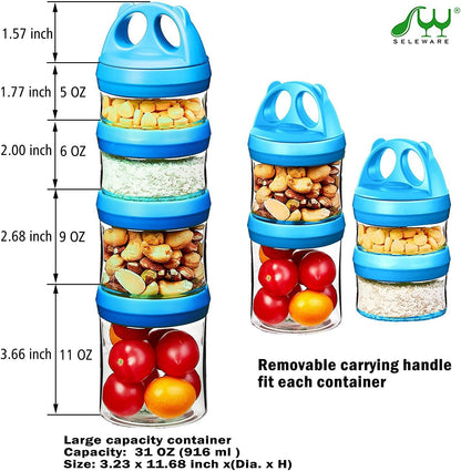 SELEWARE Portable Stackable Food Storage Containers for Snacks Formula Powder and Drinks Twist Lock System Airtight Leak-proof BPA and Phthalate Free 4 Piece Jars 31oz Blue