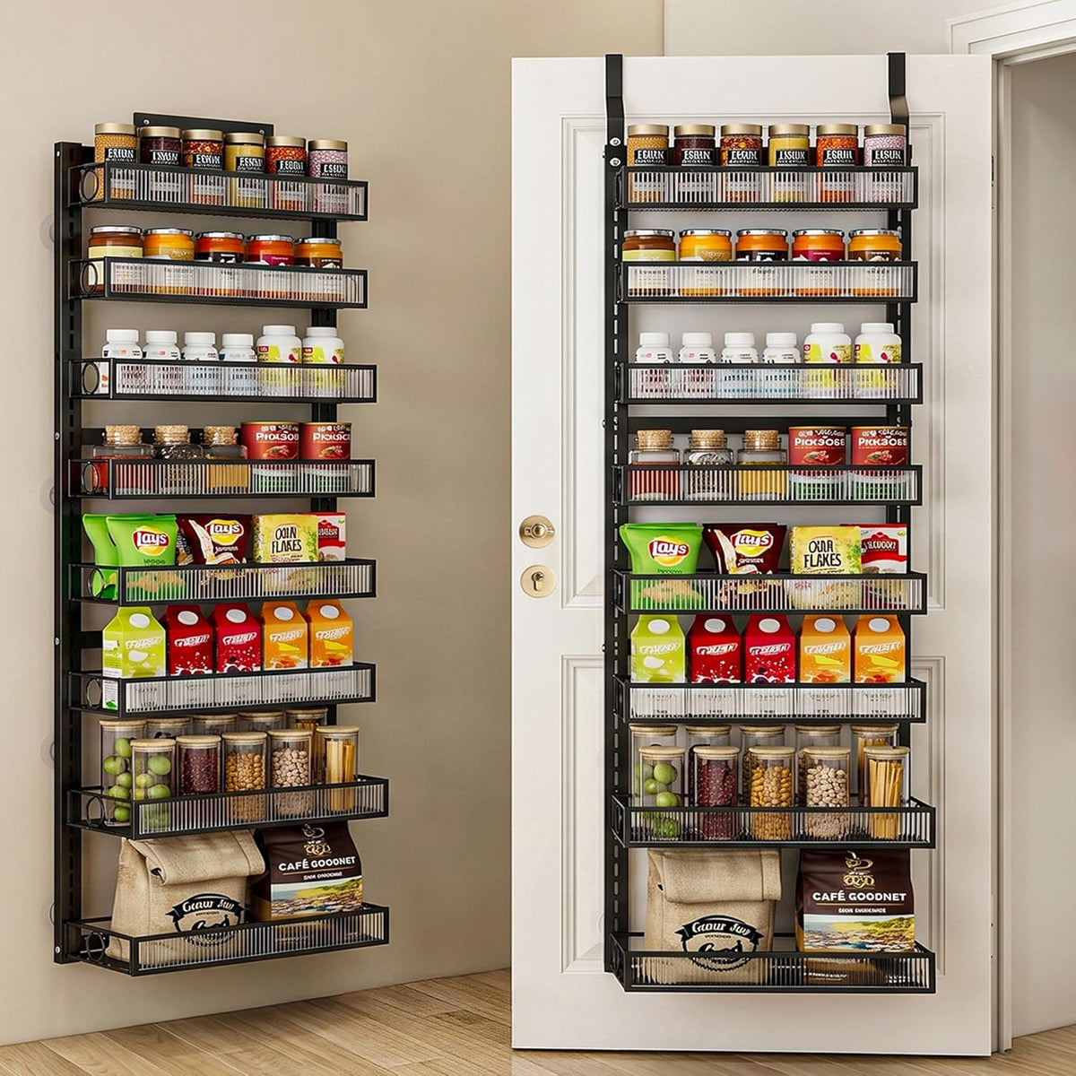 Over the Door Pantry Organizer 8 Tier Hanging Door or Wall Mounted Spice Rack with Adjustable Acylic Basket,Heavy Duty Metal Seasoning Storage Shelf for Kitchen Pantry and Bathroom