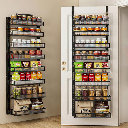 Over the Door Pantry Organizer 8 Tier Hanging Door or Wall Mounted Spice Rack with Adjustable Acylic Basket,Heavy Duty Metal Seasoning Storage Shelf for Kitchen Pantry and Bathroom