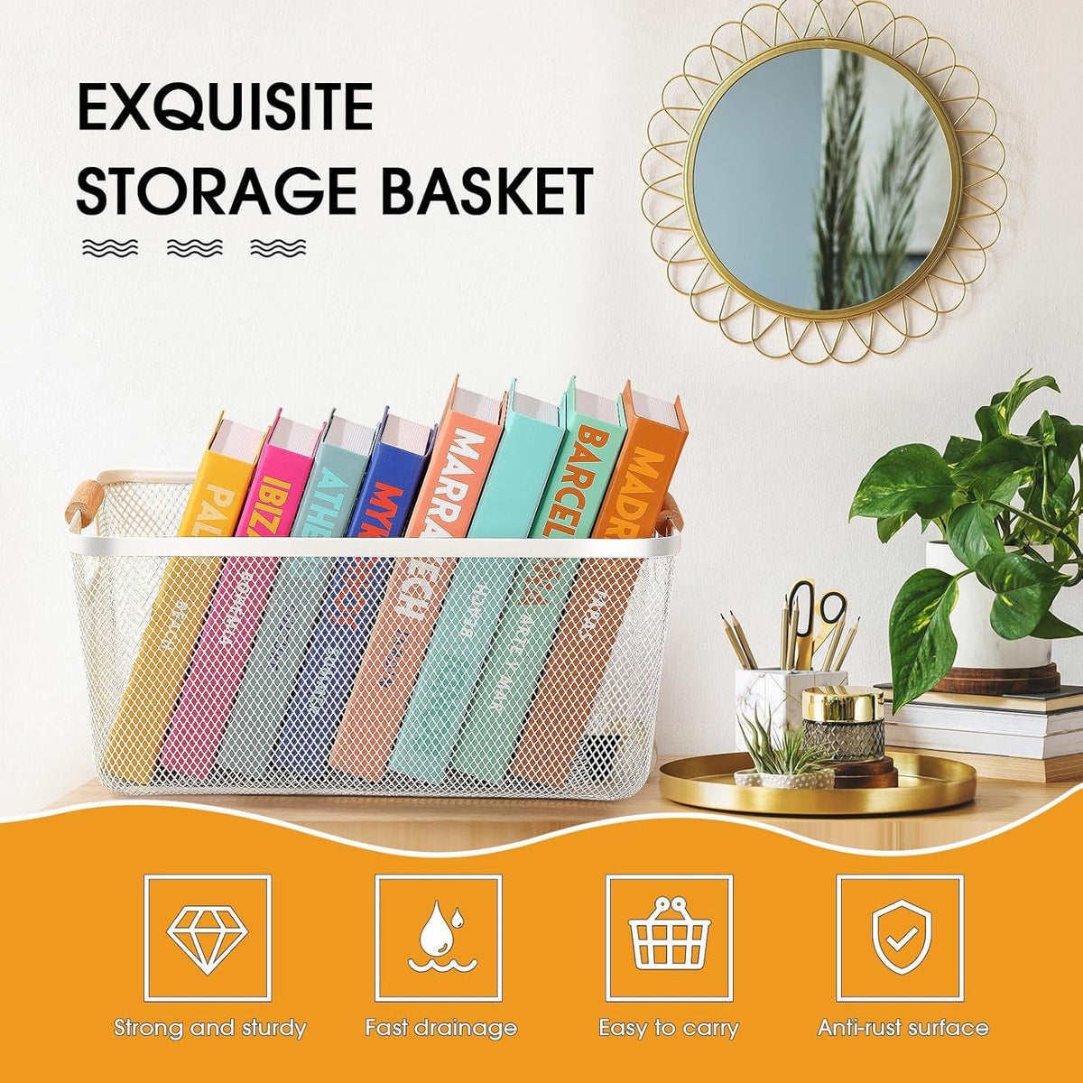 Ziliny 4 Pcs Metal Mesh Wire Baskets with Wooden Handles for Organizing, Pantry Organizers and Storage Steel Bin Kitchen Baskets for Fruit Potato Onion Snacks Bathroom Cabinet(Small,Black)