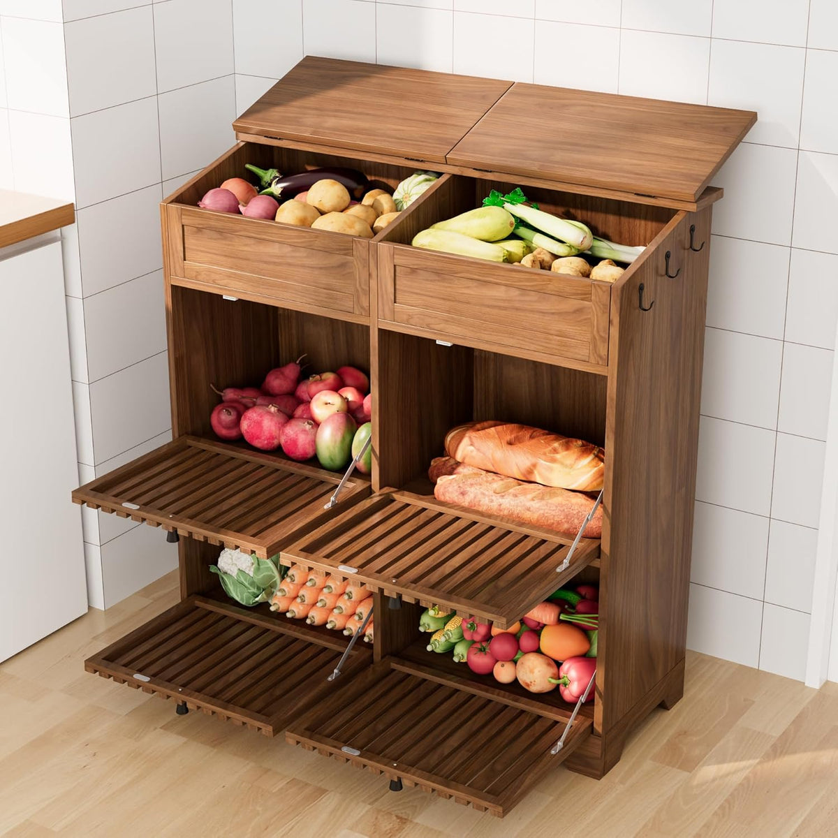 4 Tier Narrow Potato Storage Bin, Tall Wood Potato and Onion Storage Bin with Wheel, Movable Fruit and Vegetable Basket, Food Small Kitchen Pantry Cabinet, Wooden Bread Box, Walnut, Sliding Door