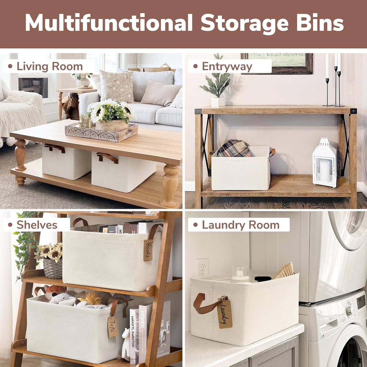 CHICVITA Large Storage Baskets for Shelves, Fabric Storage Bins with Metal Frame, Closet Organizers and Storage Boxes for Clothes Toy, Beige
