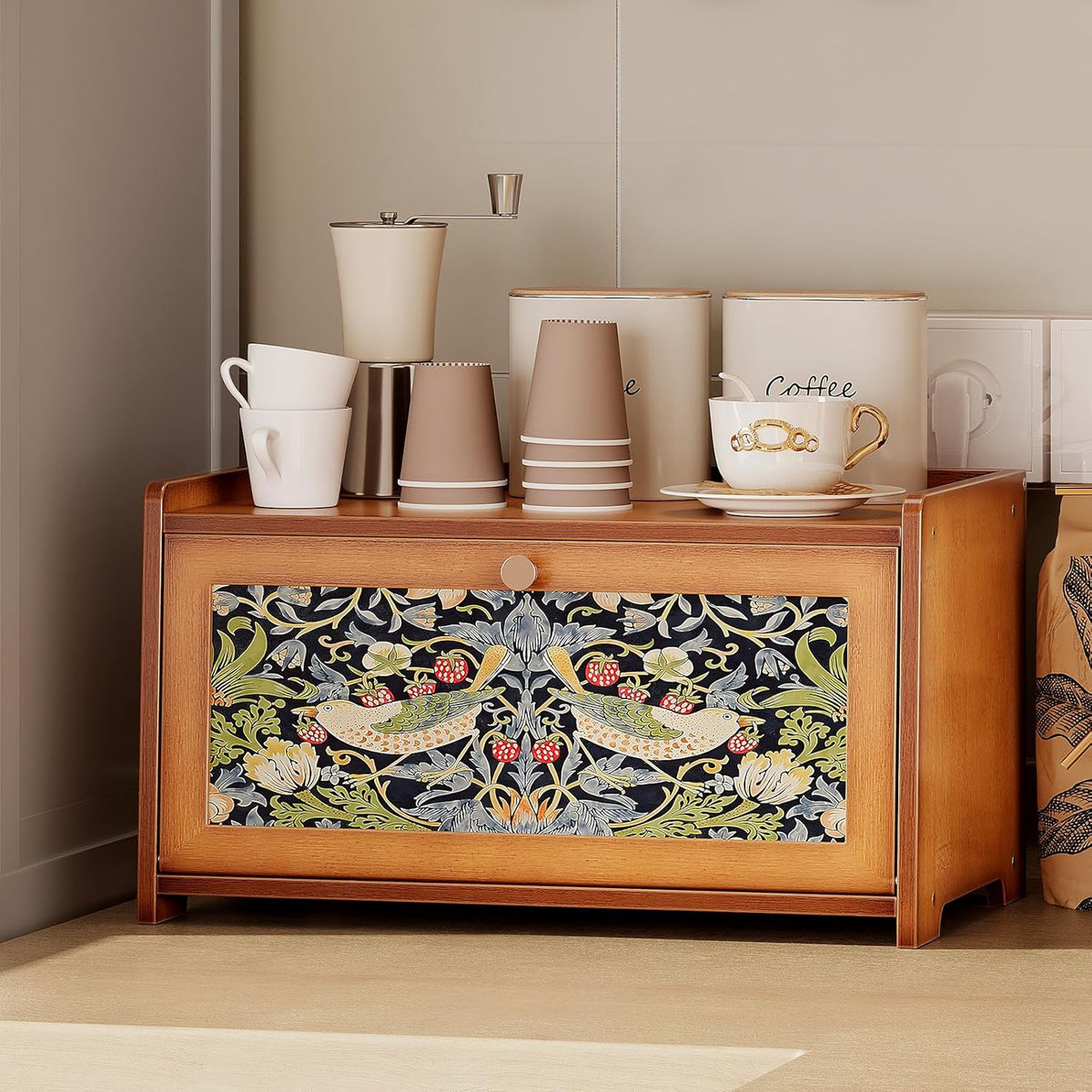 Trironsun Bread Box for Kitchen Counter Black Bread Storage Container with Acrylic Door William Morris Flower Bird Design Farmhouse Breadbox Organizer (Black)