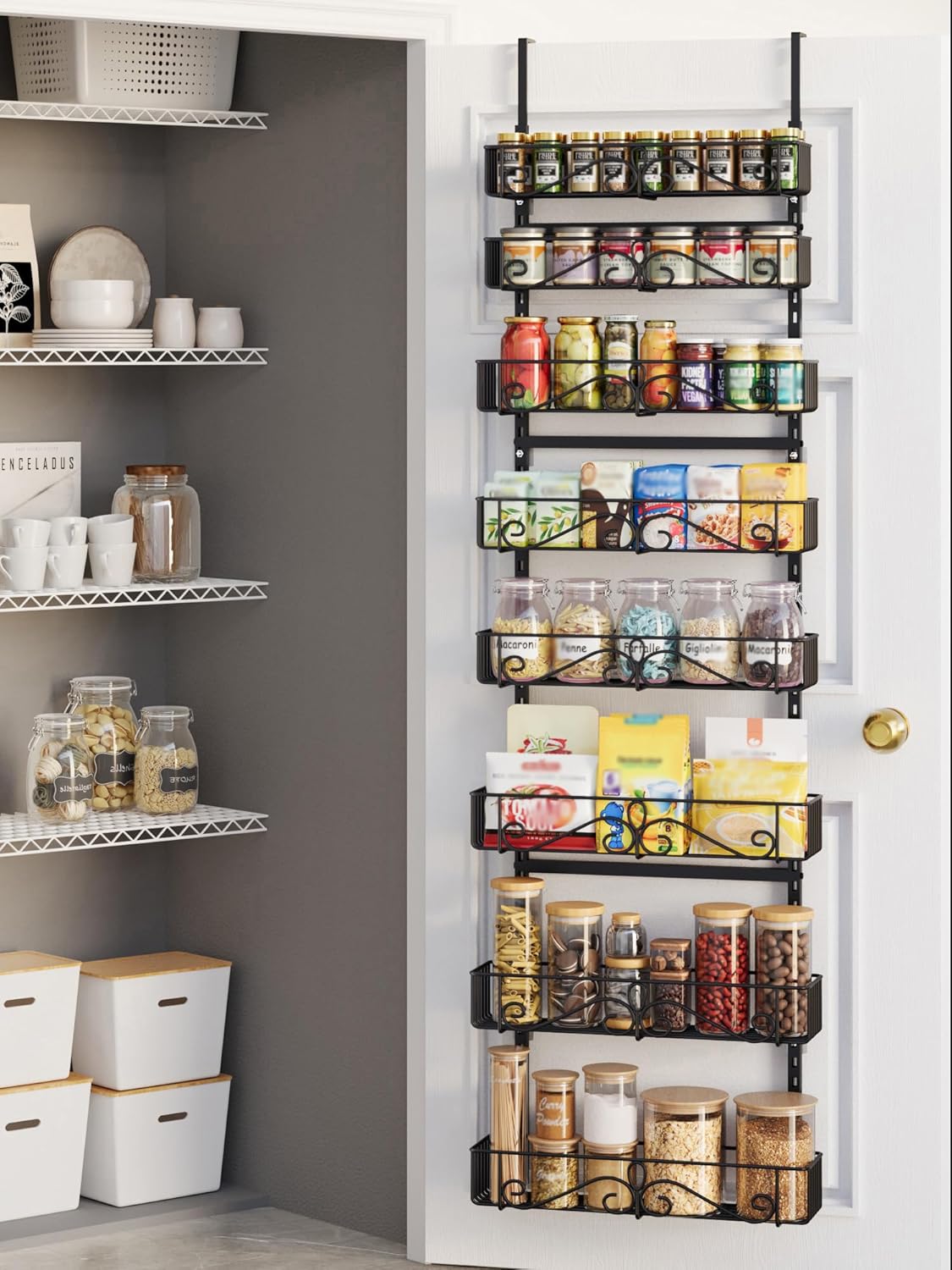 6-Tier Over the Door Pantry Organizer, Pantry Organization And Storage, Hanging Storage Organizer Spice Rack Metal Shelving for Home & Kitchen, Office Laundry Room Bathroom Black