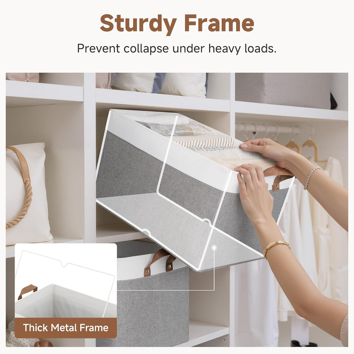 StorageWorks Storage Bins, Shelves Baskets for Organizing, Fabric Closet Organizers with Handles, Metal Frame, Beige-Cotton-linen, 2-Pack