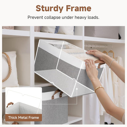 StorageWorks Storage Bins, Shelves Baskets for Organizing, Fabric Closet Organizers with Handles, Metal Frame, Beige-Cotton-linen, 2-Pack