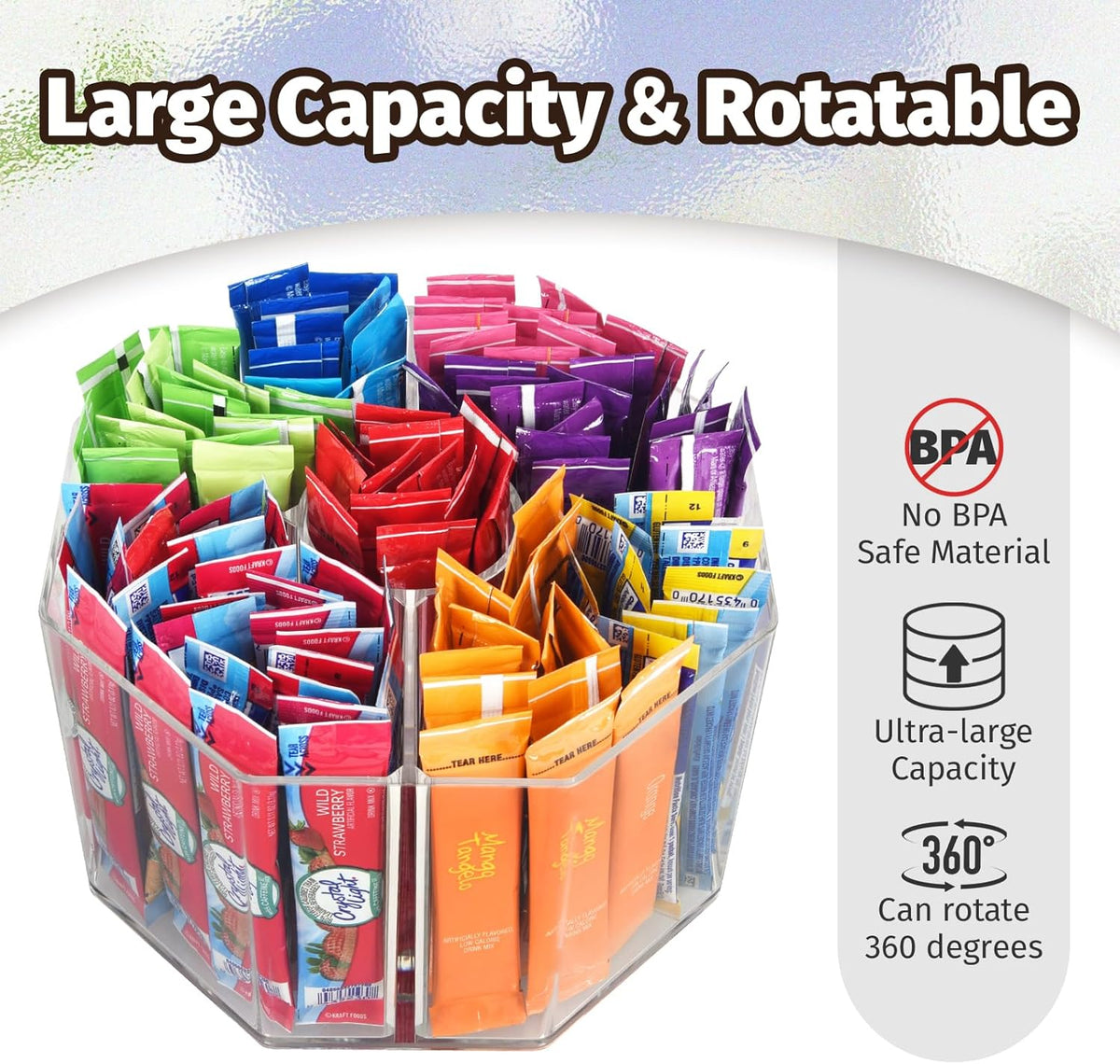Drink Packet Organizer For Powdered Drink Mix,Powder Packet,Water Packet,Water Flavor Packet,Lazy Susan Organizer Rotating Holder for Drink Mix Necessities（Square）