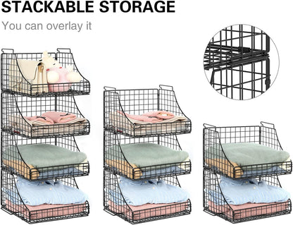 Lyuwanxian 4-Pack Stackable Wire Baskets for Closet Organizers and Storage, Open Storage Bins for Clothes, Toys, and Snacks - Rustic Metal Closet Organizer and Shelves in Black