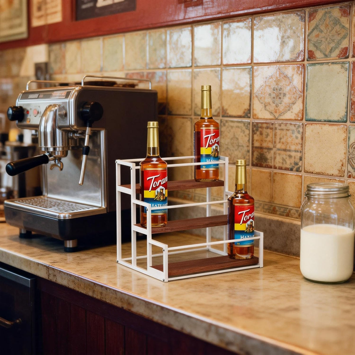 THYGIFTREE Coffee Syrup Rack Organizer 2-Tier 10 Syrup Bottles Holder Stand Metal with Wood Base for Coffee Bar Storage Shelves for Kitchen Countertop Matte Black