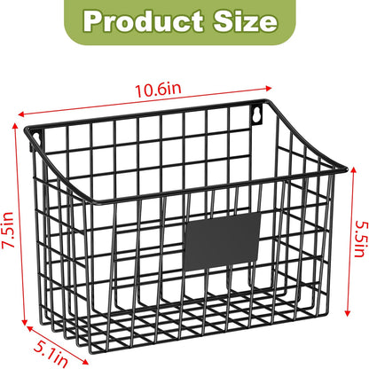 Wall Mounted Bin Basket with 5 Hooks 3 Label Plate Adhesive-3 Pack, Cabinet Hanging Metal Wire Basket,Rustic Farmhouse Decor, Storage Organization Shelf for Pantry Kitchen Bathroom 10.6*7.5*5.1inch