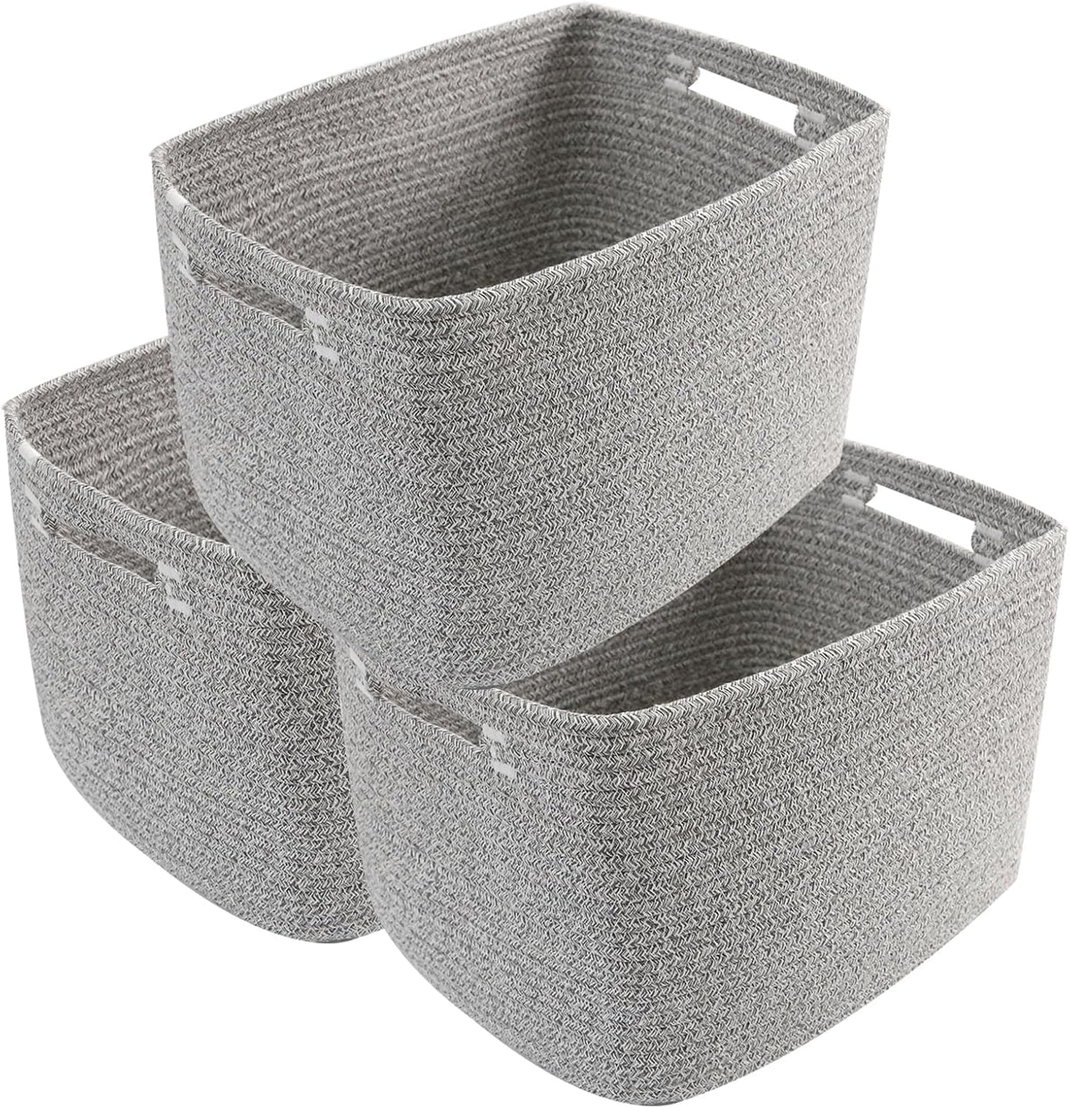 3 Pack Woven Rope Storage Baskets for Shelves,13.5"×11"×9.5" Storage Bins with Handles,Empty Gift Baskets,Nursery Organizer for Toys,Towels,Books,Closet,Living Room,Bedroom (White & Brown)