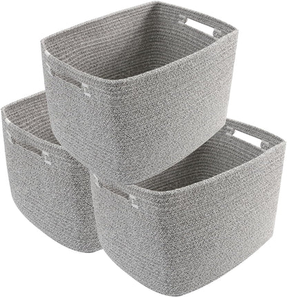 3 Pack Woven Rope Storage Baskets for Shelves,13.5"×11"×9.5" Storage Bins with Handles,Empty Gift Baskets,Nursery Organizer for Toys,Towels,Books,Closet,Living Room,Bedroom (White & Brown)