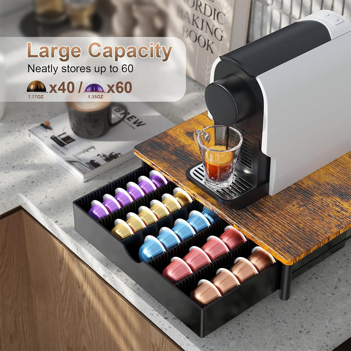 gianotter Crystal Tempered Glass Vertuo Pod Holder Drawer, Compatible with Nespresso Vertuo Capsules, Compatible with 40 Large or 60 Small Nespresso Capsule Organizer (transparent)