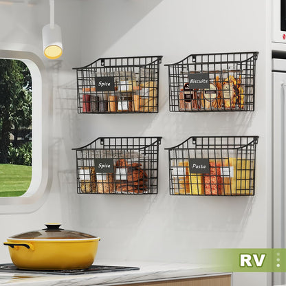Wall Mounted Bin Basket with 5 Hooks 3 Label Plate Adhesive-3 Pack, Cabinet Hanging Metal Wire Basket,Rustic Farmhouse Decor, Storage Organization Shelf for Pantry Kitchen Bathroom 10.6*7.5*5.1inch