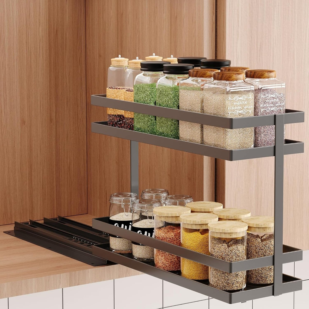 Mustorn 2 Pack Pull Out Spice Rack Organizer for Cabinet, 2 Tier Metal Slide Out Seasoning Organizer and Storage Heavy Duty Vertical Spice Rack Shelf Pullout for Kitchen Cabinets No Drilling (Black)