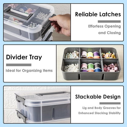 CraftGenes Grey&White Modern Plastic Storage Box - 4-Layer Durable Craft Storage Containers with 2 Removable Trays for Arts & Crafts Supplies, Sewing, Office, Seasonal Decor