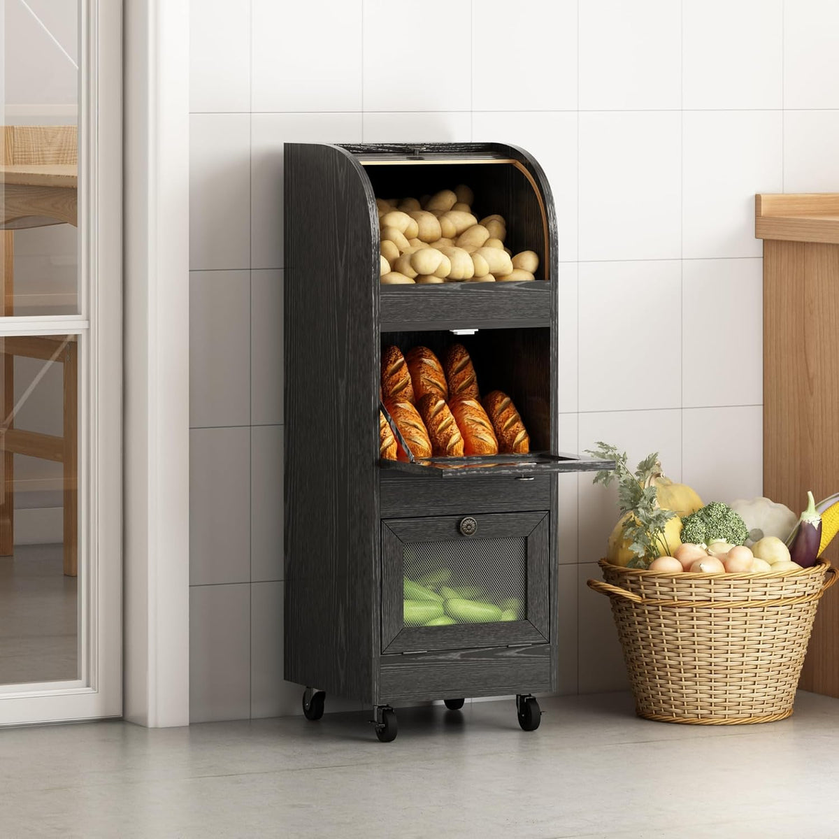 Movable Potato and Onion Storage Box with Wheels,Wooden Vegetable Storage Box,Food Storage Room with Grocery Area,Sliding Design,Modern Farmhouse Style，Suitable for Kitchen (potato bin-Walnut-02)